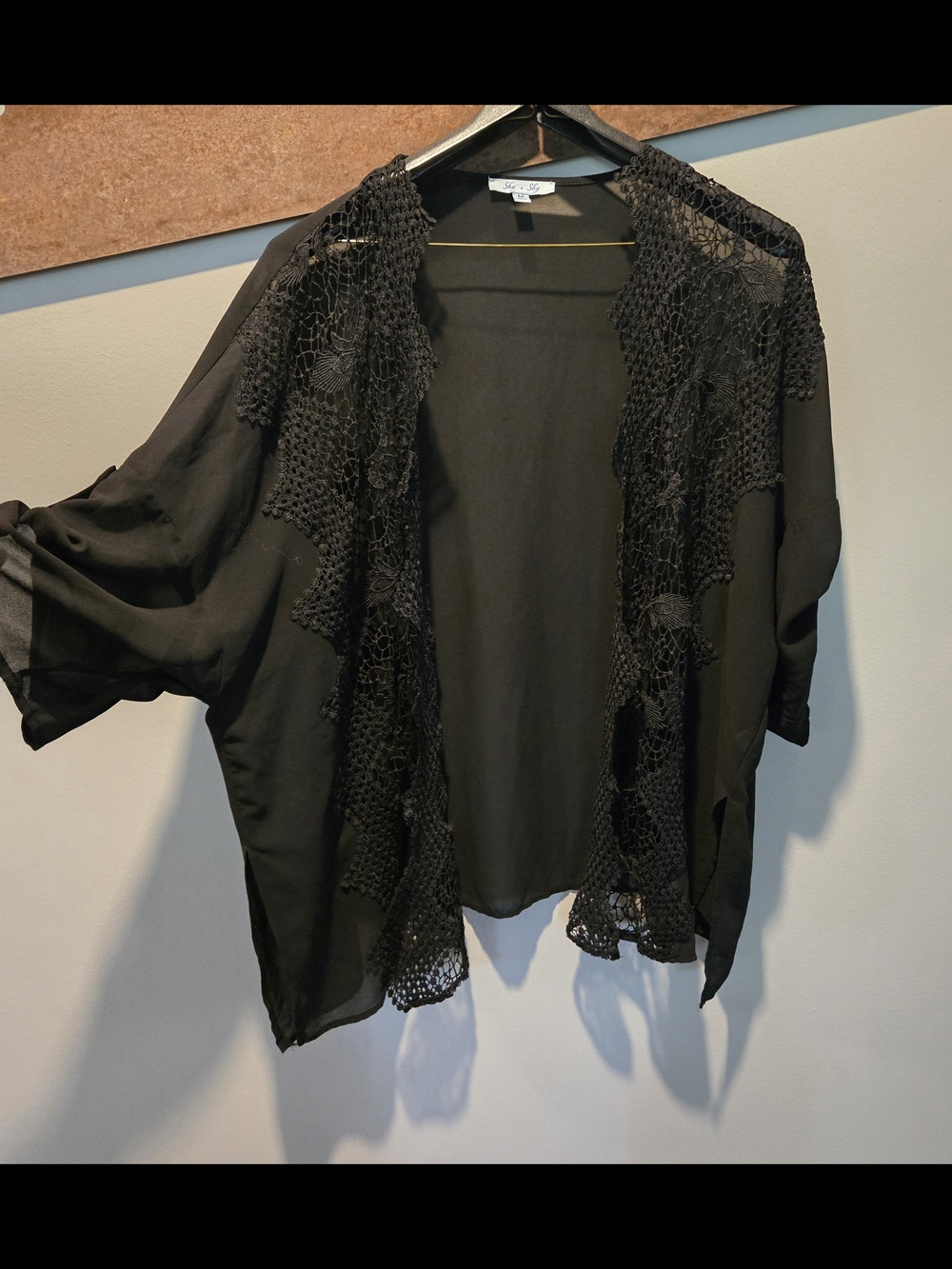 She + Sky Black Crochet-Trim Kimono